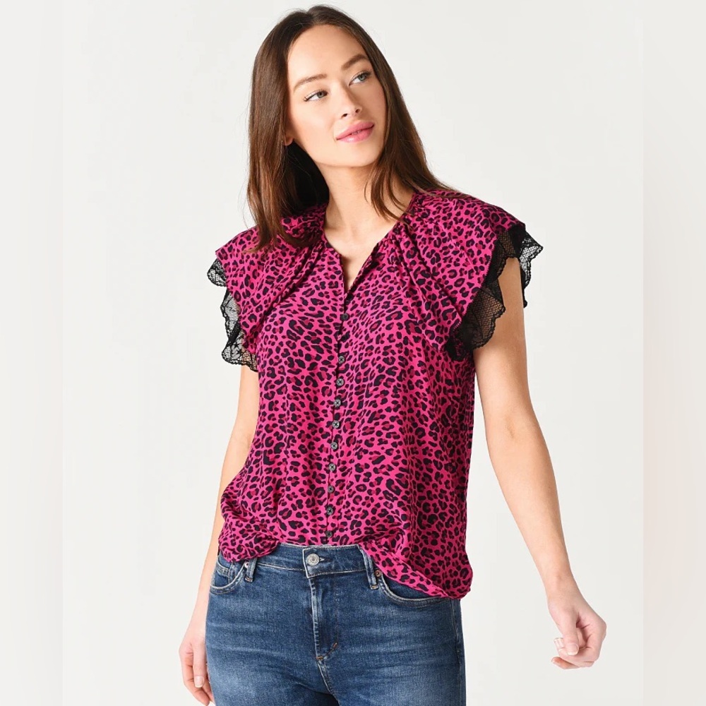 🎀ZADIG & VOLTAIRE XS pink animal print short sleeve leopard blouse with lace EUC